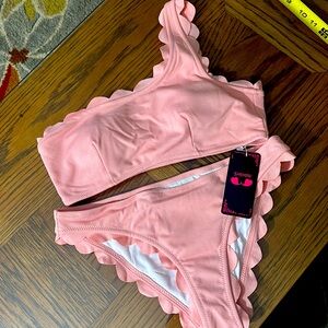 Shekini Pale Peach Scalloped Bikini Swimsuit Bathing Suit Top and Bottom
